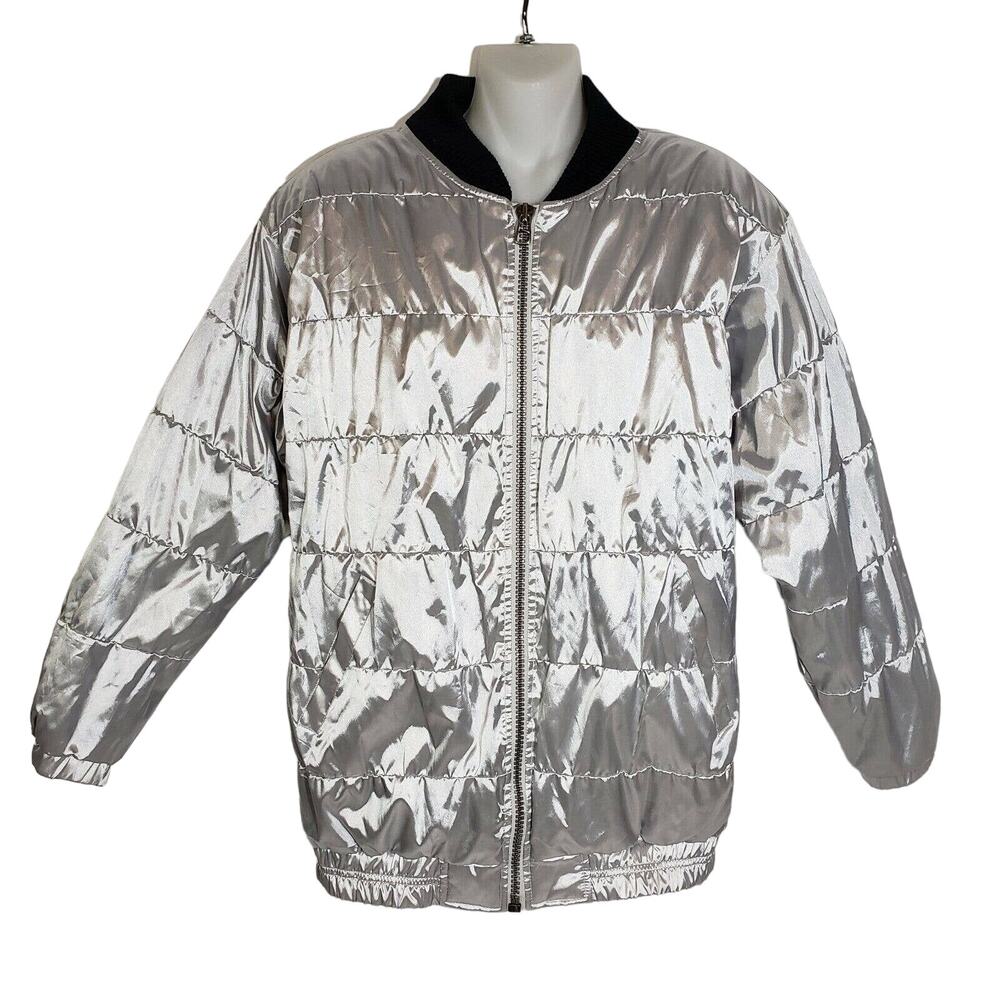 Lavon Women’s Vintage Full Zip Jacket Size Small Lined Shinny Silver Puffer